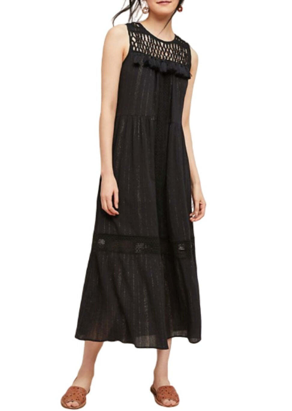 Anthropologie Dress Maxi Womens Black Sleeveless Cotton Tassel Ties Black Gold Anthropologie Dress Maxi Womens Black Sleeveless Cotton Tassel Ties Black Gold