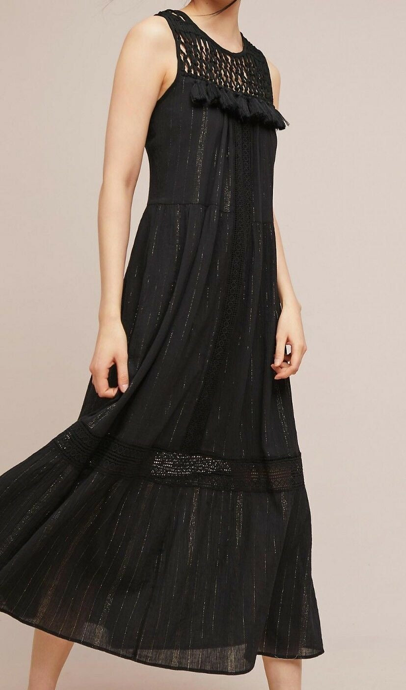 Anthropologie Dress Maxi Womens Black Sleeveless Cotton Tassel Ties Black Gold Anthropologie Dress Maxi Womens Black Sleeveless Cotton Tassel Ties Black Gold