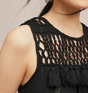 Anthropologie Dress Maxi Womens Black Sleeveless Cotton Tassels Ties Black Gold