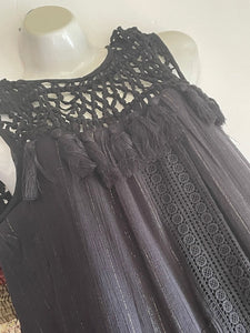 Anthropologie Dress Maxi Womens Black Sleeveless Cotton Tassel Ties Black Gold