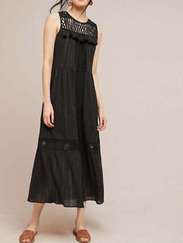 Anthropologie Dress Maxi Womens Black Sleeveless Cotton Tassel Ties Bl –  Luxe Fashion Finds