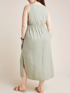 Anthropologie Dress Womens 1X Plus Green Maxi Sleeveless Button Up Tencel