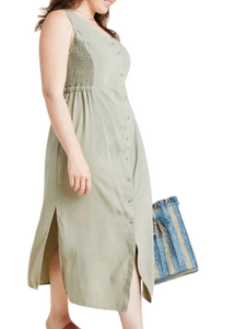 Anthropologie Dress Womens 1X Plus Green Maxi Sleeveless Button Up Tencel