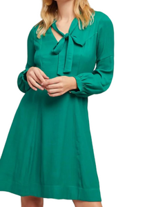 Anthropologie Dress Womens 2 Green V-Neck Pussy Bow Tie Long Sleeve A-Line