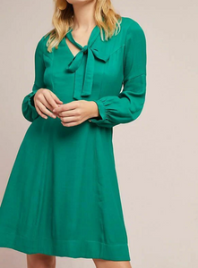 Anthropologie Dress Womens 2 Green V-Neck Pussy Bow Tie Long Sleeve A-Line
