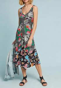 Anthropologie Dress Womens 2 Sleeveless V-Neck Floral A-Line Asymmetric