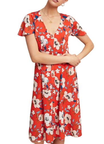 Anthropologie Dress Womens Medium Floral V-Neck Short Sleeve Open Back A-Line
