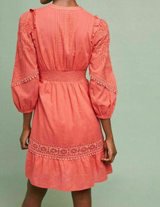 Anthropologie Dress Womens Small Orange V-Neck Cotton Embroidered Short
