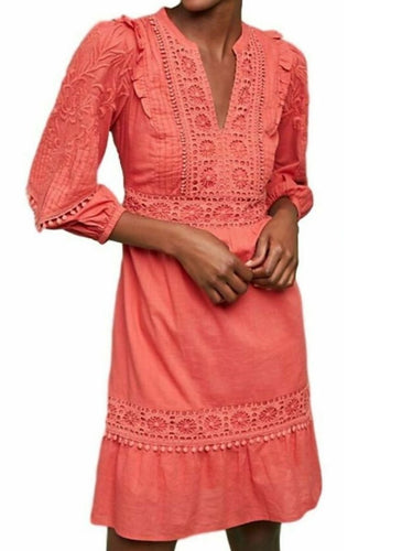 Anthropologie Dress Womens Small Orange V-Neck Cotton Embroidered Short