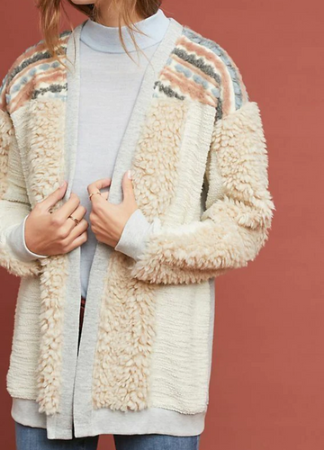 Anthropologie Jacket Large Womens Beige Open Front Faux Fur Cardigan