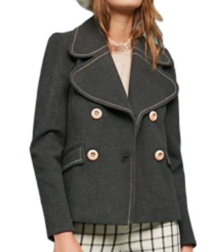 Anthropologie Jacket Peacoat Womens 2 Gray Cropped Contrast Trim Wide Lapels