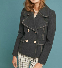 Load image into Gallery viewer, Anthropologie Jacket Peacoat Womens 2 Gray Cropped Contrast Trim Wide Lapels