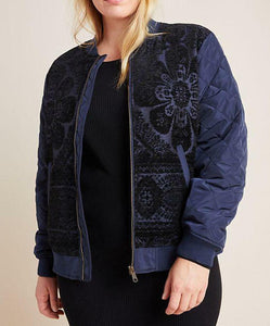 Anthropologie Jacket Womens Extra Large Blue Bomber Floral Quilted Side Zip