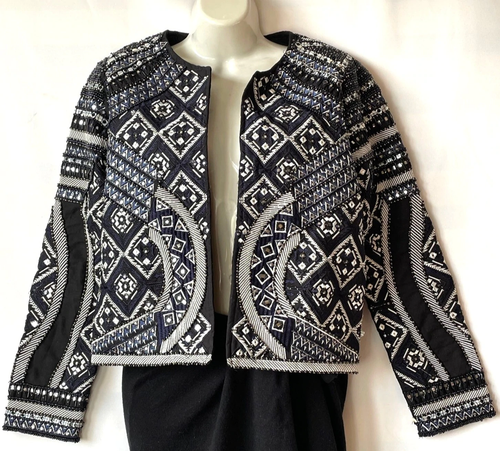 Anthropologie Jacket Womens Small Black Crop Bolero Embroidered Beaded Quilted