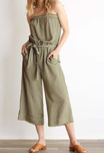 Load image into Gallery viewer, Anthropologie Jumpsuit Womens Strapless Wide Leg Crop Belted Cloth Stone Khaki