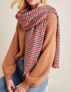 Anthropologie Scarf Womens Red Plaid Check Fringed Long Wrap Soft