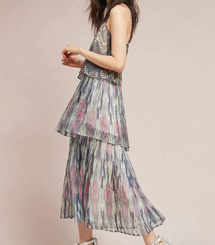 Anthropologie Maxi Dress Womens 2 Pink Tiered Long Metallic Gray Strappy