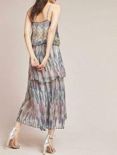 Load image into Gallery viewer, Anthropologie Maxi Dress Womens 2 Pink Tiered Long Metallic Gray Strappy