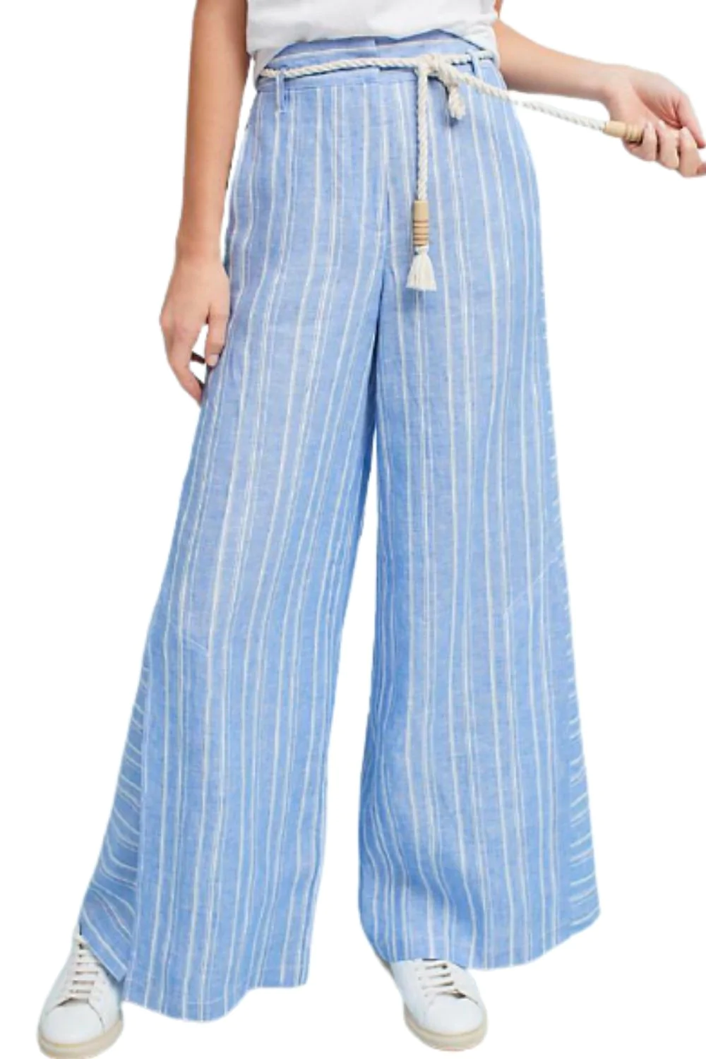 Anthropologie Pants Womens Blue Wide Leg Palazzo Striped Linen Rope Belt