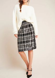 Anthropologie Pencil Skirt Womens Extra Small Black Plaid Sequin Anna Sui Cocktail