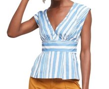 Load image into Gallery viewer, Anthropologie Shirt Womens Medium Blue V-Neck Sleeveless Stripe Cotton Tracy Reese