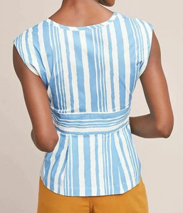 Anthropologie Shirt Womens Medium Blue V-Neck Sleeveless Stripe Cotton Tracy Reese