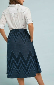 Anthropologie Skirt Womens 0 Blue A-Line Midi Chevron Cotton Linen Eva Franco