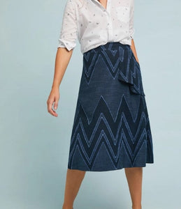 Anthropologie Skirt Womens 0 Blue A-Line Midi Chevron Cotton Linen Eva Franco