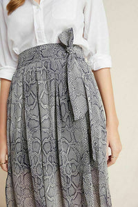 Anthropologie Skirt Womens 8 Gray Midi A-line Tie Waist Midi Snake Print