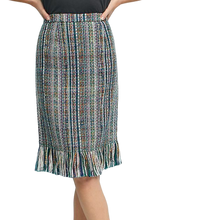 Load image into Gallery viewer, Anthropologie Skirt Womens Blue Pencil Striped Tweed Fringed Hem Knee Length