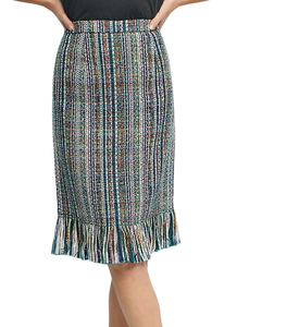 Anthropologie Skirt Womens Blue Pencil Striped Tweed Fringed Hem Knee Length