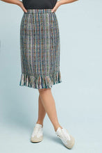 Load image into Gallery viewer, Anthropologie Skirt Womens Blue Pencil Striped Tweed Fringed Hem Knee Length