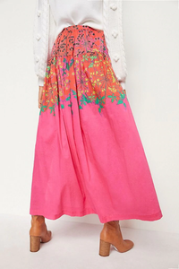Anthropologie Skirt Womens Small Pink Maxi Roopa Floral Cotton Tiered A-Line