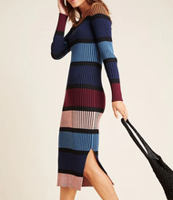 Load image into Gallery viewer, Anthropologie Sweater Dress Womens Large Blue Scoop Neck Stripe Rib Knit Dolan