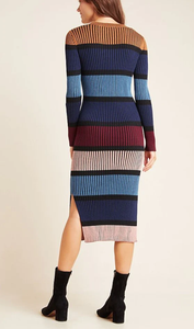 Anthropologie Sweater Dress Womens Large Blue Scoop Neck Stripe Rib Knit Dolan