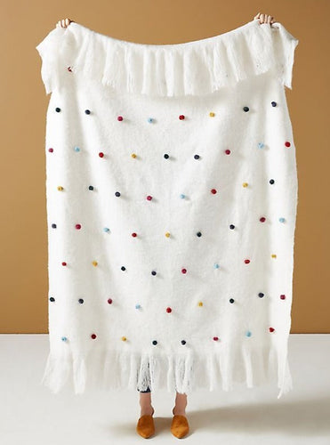Anthropologie Throw Blanket Pompom White Large Oblong Wool Blend Fringed