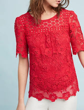 Load image into Gallery viewer, Anthropologie Top Womens 4 Red Short Sleeve Round Neck Lace A-line Blouse