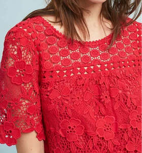 Anthropologie Top Womens 0 Red Short Sleeve Round Neck Lace A-line Blouse