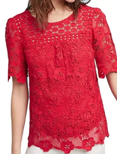 Anthropologie Top Womens 4 Red Short Sleeve Round Neck Lace A-line Blouse