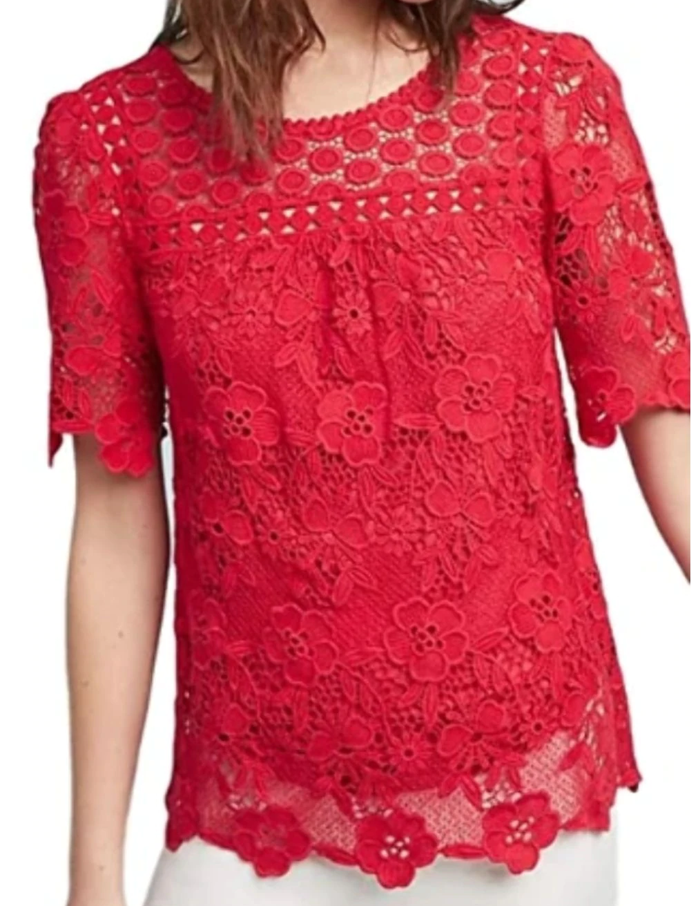 Anthropologie Top Womens 0 Red Short Sleeve Round Neck Lace A-line Blouse