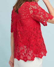 Load image into Gallery viewer, Anthropologie Top Womens 0 Red Short Sleeve Round Neck Lace A-line Blouse