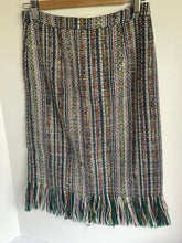 Load image into Gallery viewer, Anthropologie Tweed Skirt Blue Pencil Striped Fringed Hem Knee Length Lined