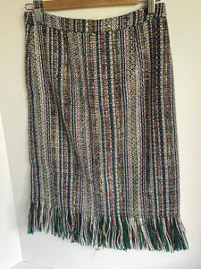 Anthropologie Tweed Skirt Blue Pencil Striped Fringed Hem Knee Length Lined