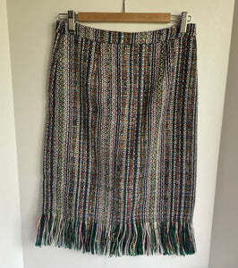 Anthropologie Tweed Skirt Blue Pencil Striped Fringed Hem Knee Length Lined