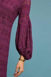 Anthropologie Women's V-Neck Bishop Sleeve Lace A-Line Knit Purple Dress -XS