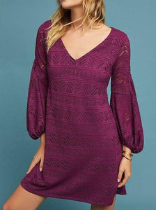 Anthropologie Women's V-Neck Bishop Sleeve Lace A-Line Knit Purple Dress -XS