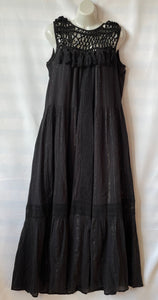 Anthropologie Dress Maxi Womens Black Sleeveless Cotton Tassels Ties Black Gold