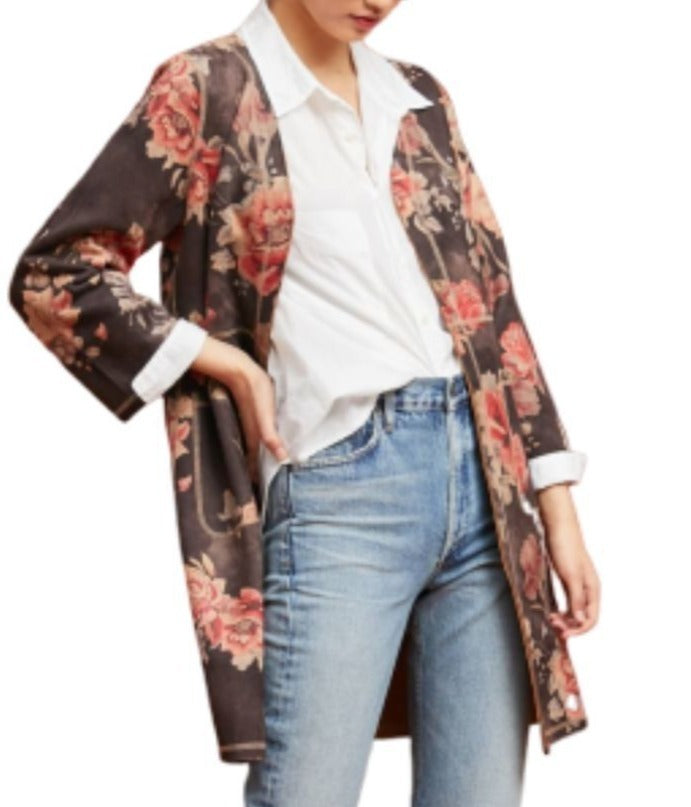 Anthropologie Women’s Open-Front Kimono Jacket; Floral Micro-Suede - Large