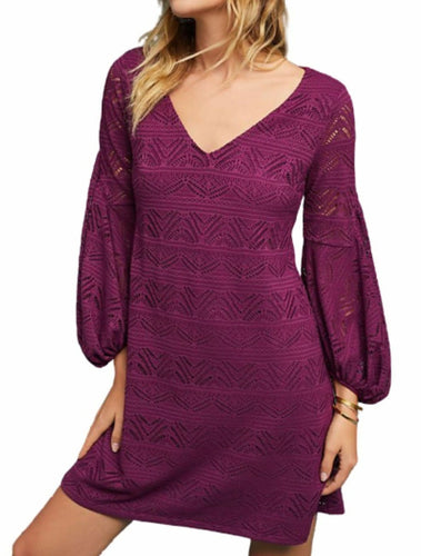 Anthropologie Women's V-Neck Bishop Sleeve Lace A-Line Knit Purple Dress -XS
