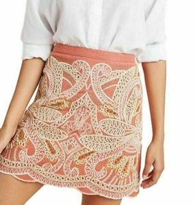 Anthropologie Womens Mini Skirt Beaded Embroidered PInk Scallop Hem Cotton, 4